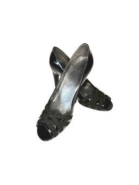 STUART WEITZMAN 9 M Black Patent Leather Peep Toe Heels Classic Shoes Spain